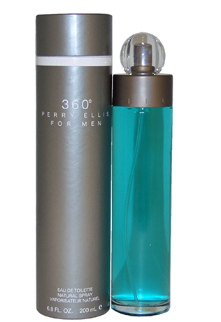 Bottle and grey cylindrical box on white background (tall aqua blue glass EDT bottle with round clear ball cap and grey collar beside grey "360° Perry Ellis For Men Eau de Toilette" cylindrical box — 6.8 FL OZ 200ml): Perry Ellis 360 Eau de Toilette 6.7 oz tall aqua blue glass bottle with round clear ball cap and grey cylindrical box for men UPC 844061004788