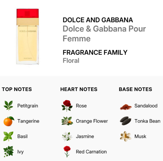 Dolce and Gabbana Dolce & Gabbana Pour Femme fragrance bottle shown on a white background with text listing the scent as floral and noting top, heart, and base notes including Petitgrain, Tangerine, Basil, Ivy, Rose, Orange Flower, Jasmine, Red Carnation, Sandalwood, Tonka Bean, and Musk.