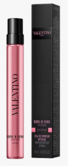Valentino Born in Roma Intense Ge Spray bottle in pink with a black cap, shown next to its black packaging box on a white background.
