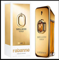 Rabanne Million Gold intense perfume bottle and its retail box, featuring a metallic gold design with a ring motif and amber-toned fragrance liquid, on a plain white background.
