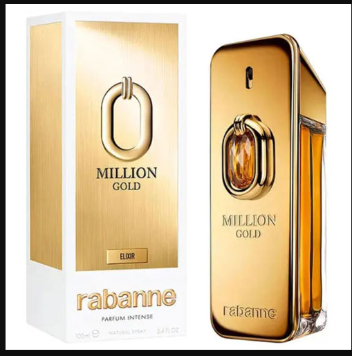 Rabanne Million Gold intense perfume bottle and its retail box, featuring a metallic gold design with a ring motif and amber-toned fragrance liquid, on a plain white background.