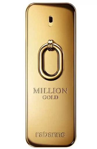 A gold rectangular fragrance bottle with rounded corners, featuring a large metallic ring emblem in the center, the text 'MILLION GOLD' and 'rabanne' on a plain white background.