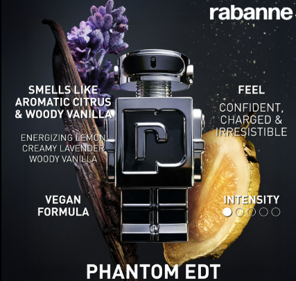A perfume bottle labeled Rabanne Phantom EDT, shown with a dark metallic finish and a large stylized 'P' on the front. The bottle is surrounded by scent notes including citrus, vanilla, lavender, and lemon, with the Rabanne brand name at the top right.