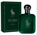 Ralph Lauren Polo Cologne Intense perfume bottle and its dark green packaging box, featuring the classic silver polo player logo.