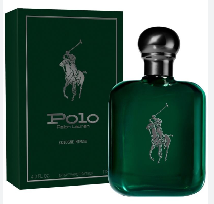 Ralph Lauren Polo Cologne Intense perfume bottle and its dark green packaging box, featuring the classic silver polo player logo.
