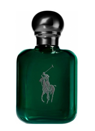 A green glass bottle of Polo Ralph Lauren fragrance with a black spherical cap and a silver polo player logo on the front, set against a plain white background.