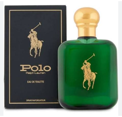 Polo Ralph Lauren Eau de Toilette perfume bottle in green glass with a gold cap, shown next to its black packaging box with gold lettering.