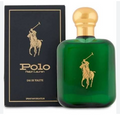 Polo Ralph Lauren Eau de Toilette perfume bottle in green glass with a gold cap, shown next to its black packaging box with gold lettering.