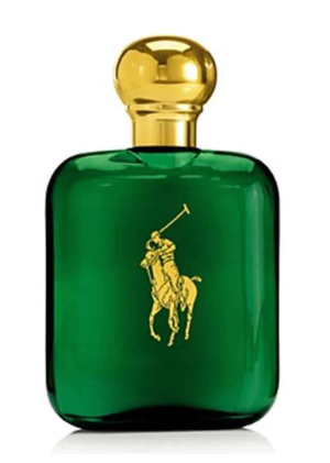 A green glass perfume bottle with a gold cap and a gold embroidered polo player logo on the front, set against a plain white background.