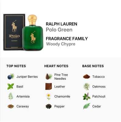 Ralph Lauren Polo Green fragrance family card showing a green bottle with a gold cap next to its black box, with text reading 'RALPH LAUREN Polo Green FRAGRANCE FAMILY Woody Chypre' and a notes grid below.