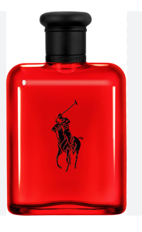 A red glass perfume bottle with a black cap and the black Polo Ralph Lauren pony logo on the front, set against a plain white background.
