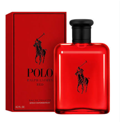 Ralph Lauren Polo Red Eau de Toilette bottle and its red packaging box, featuring the iconic black polo player logo.