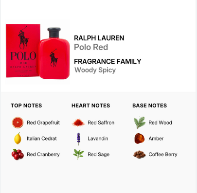 Ralph Lauren Polo Red fragrance bottle and box shown on a white background, with text identifying the product as Woody Spicy and a notes breakdown: Red Grapefruit, Italian Cedrat, Red Cranberry, Red Saffron, Lavandin, Red Sage, Red Wood, Amber, and Coffee Berry.