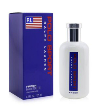 Polo Ralph Lauren Fresh Eau de Toilette bottle and packaging box. The bottle is white with a blue and red label, and the box is dark blue with red and white text and a small American flag graphic.