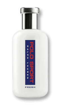 A white bottle of Ralph Lauren Polo Sport Fresh fragrance with a silver cap and a blue and red label, set against a plain white background.