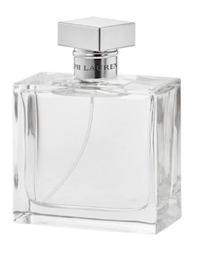 A clear glass perfume bottle with a silver metallic cap and collar, featuring the text 'Ralph Lauren' on the neck, set against a plain white background.