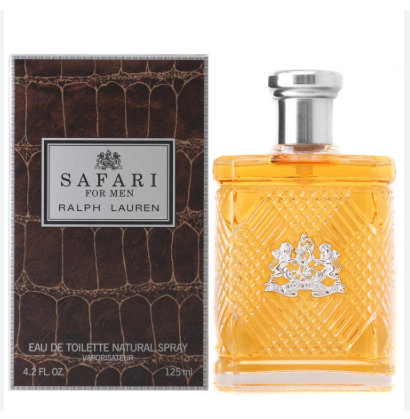 Ralph Lauren Safari For Men Eau de Toilette, showing the amber-colored glass bottle with a silver cap next to its brown textured packaging box.