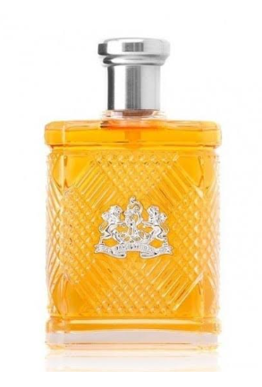 A rectangular glass perfume bottle filled with amber-orange liquid, featuring a textured diamond pattern, a silver crest emblem on the front, and a silver cylindrical cap, set against a plain white background.