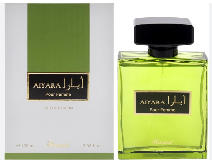 A bottle of Aiyara Pour Femme Eau de Parfum with its retail box, both featuring a vibrant lime green liquid and packaging with green and white panels and black labels.