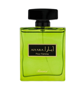 A rectangular lime green perfume bottle with a black cap and a black label featuring gold lettering that reads 'AIYARA Pour Femme' and 'Rasasi'.