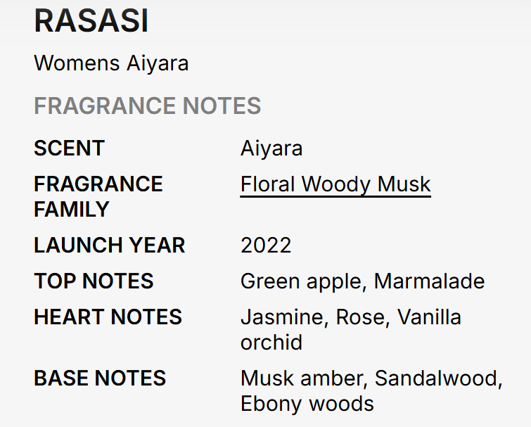 A text-based fragrance notes card for Rasasi Womens Aiyara, detailing the scent as Aiyara, classified under Floral Woody Musk, with launch year 2022 and notes of green apple, marmalade, jasmine, rose, vanilla orchid, and musk amber with sandalwood and ebony woods.