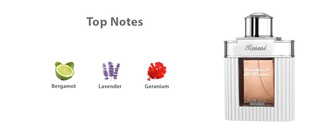 A perfume bottle labeled 'Mersani' on a white background, shown beside the text 'Top Notes' and small icons for Bergamot, Lavender, and Geranium.