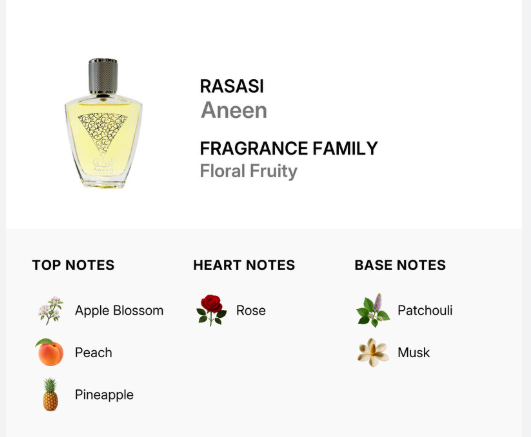 A fragrance product card for Rasasi Aneen. The top section shows a clear glass perfume bottle with pale yellow liquid and a dark cap on a white background, alongside the text 'RASASI Aneen' and 'FRAGRANCE FAMILY Floral Fruity'.