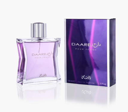 A bottle of Daareej Pour Femme Eau de Parfum with a silver cap next to its purple and blue packaging box, set against a clean white background with a reflection.