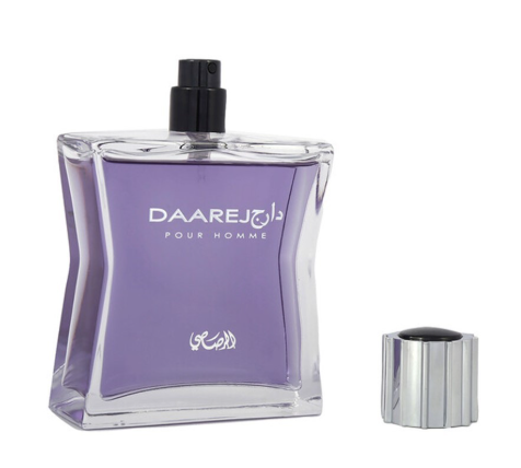 A bottle of Daarej Pour Homme fragrance with a purple label and a separate silver cap, shown on a plain white background.