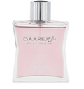 A bottle of Daarej Pour Femme perfume with a clear glass body showing light pink liquid inside, a silver metallic cap, and silver lettering on the front, set against a plain white background.