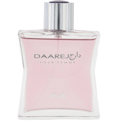 A bottle of Daarej Pour Femme perfume with a clear glass body showing light pink liquid inside, a silver metallic cap, and silver lettering on the front, set against a plain white background.