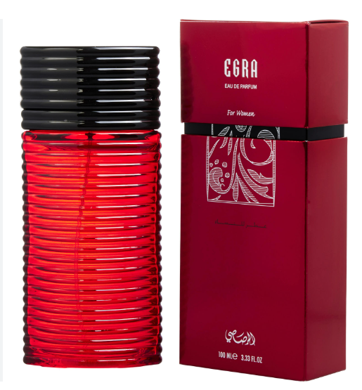 A 100 ml bottle of CGRA For Homme Eau de Parfum next to its red packaging box, featuring a ribbed translucent red glass bottle with a black cap and a matching red box with white text.