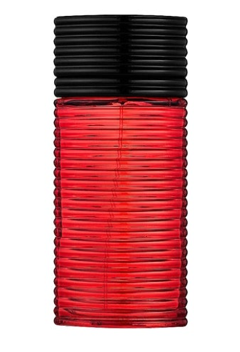 A ribbed cylindrical bottle of red liquid, likely fragrance or cosmetic, with a black ribbed cap, shown against a plain white background.