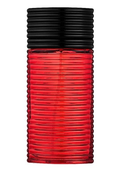 A ribbed cylindrical bottle of red liquid, likely fragrance or cosmetic, with a black ribbed cap, shown against a plain white background.