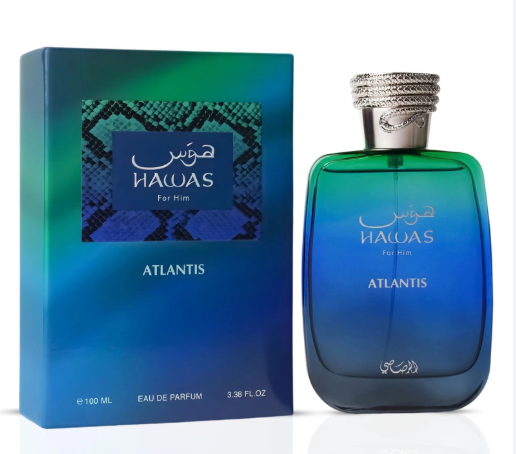 Hawas For Him Atlantis Eau De Parfum 100ml bottle and its blue gradient packaging box, displayed on a clean white background.