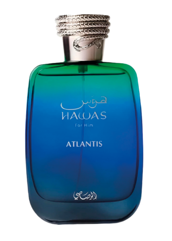 A bottle of Nawas Atlantis For Him cologne, featuring a blue and green gradient glass bottle with a silver textured cap, on a white background.