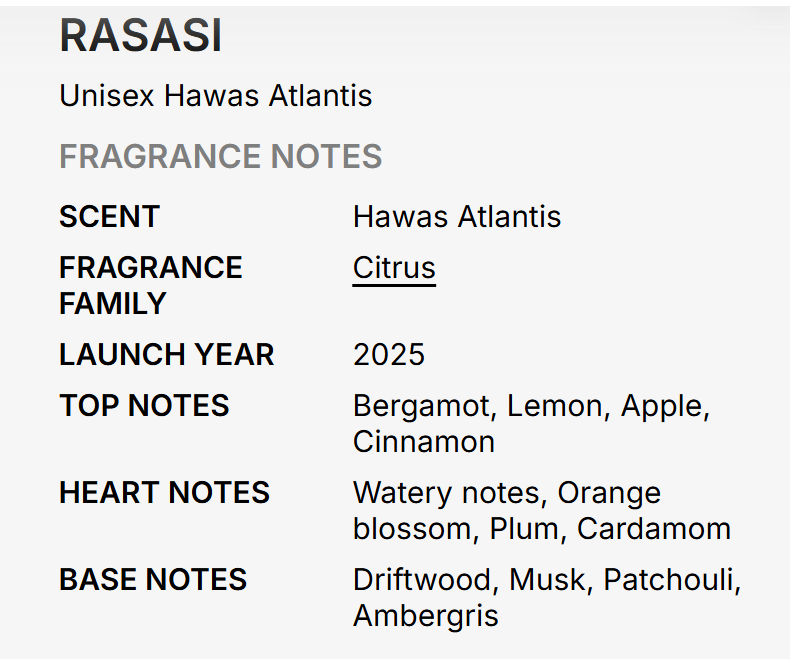 A text-based fragrance notes card for Rasasi Unisex Hawas Atlantis, with a light gray background and black text listing scent, fragrance family, launch year, and top/heart/base notes.