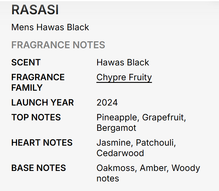A text-based fragrance notes card for RASASI Mens Hawas Black, with scent described as Chypre Fruity and listed fragrance notes including Pineapple, Grapefruit, Bergamot, Jasmine, Patchouli, Cedarwood, Oakmoss, Amber, and Woody notes.