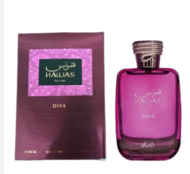 Hawas For Her Diva cologne bottle and its packaging box. The bottle is a vibrant magenta pink with a textured metallic cap, and the box is a matching dark purple with a pink glittery label.