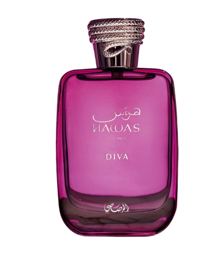 A magenta purple glass perfume bottle with a textured metallic cap, featuring the brand name 'NAWAS' and 'DIVA' printed in white on the front, set against a plain white background.