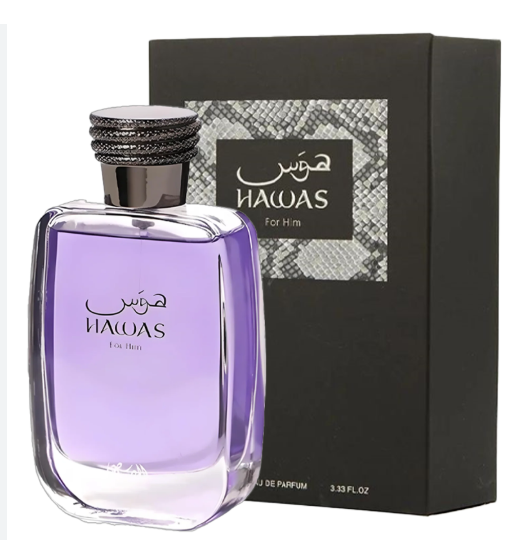 A bottle of Nawas For Him Eau de Parfum with light purple liquid, shown in front of its black packaging box with a silver and black label.