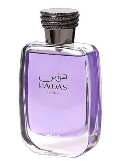 A rectangular glass perfume bottle filled with light purple liquid, featuring a silver metallic cap and the brand name 'NAWAS' printed on the front, set against a plain white background.