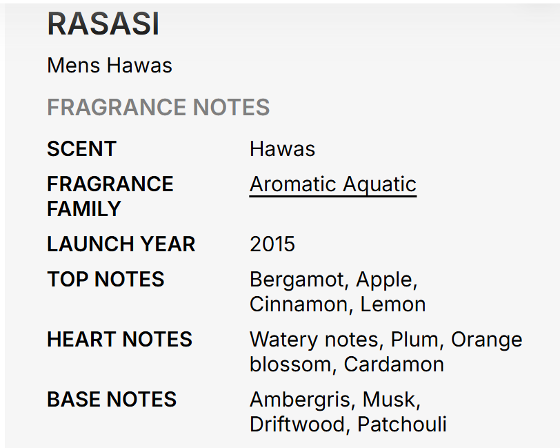 A text-based fragrance profile card for Rasasi Mens Hawas, detailing the scent as 'Hawas' with 'Aromatic Aquatic' fragrance family, launched in 2015, with notes of Bergamot, Apple, Cinnamon, Lemon, and Ambergris, Musk, Driftwood, and Patchouli.