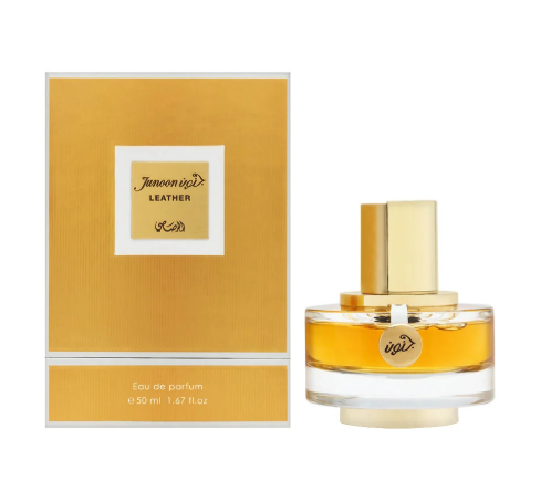 Junoon Velvet Leather Eau de Parfum 50ml bottle with its gold-colored packaging box, displayed on a clean white background.