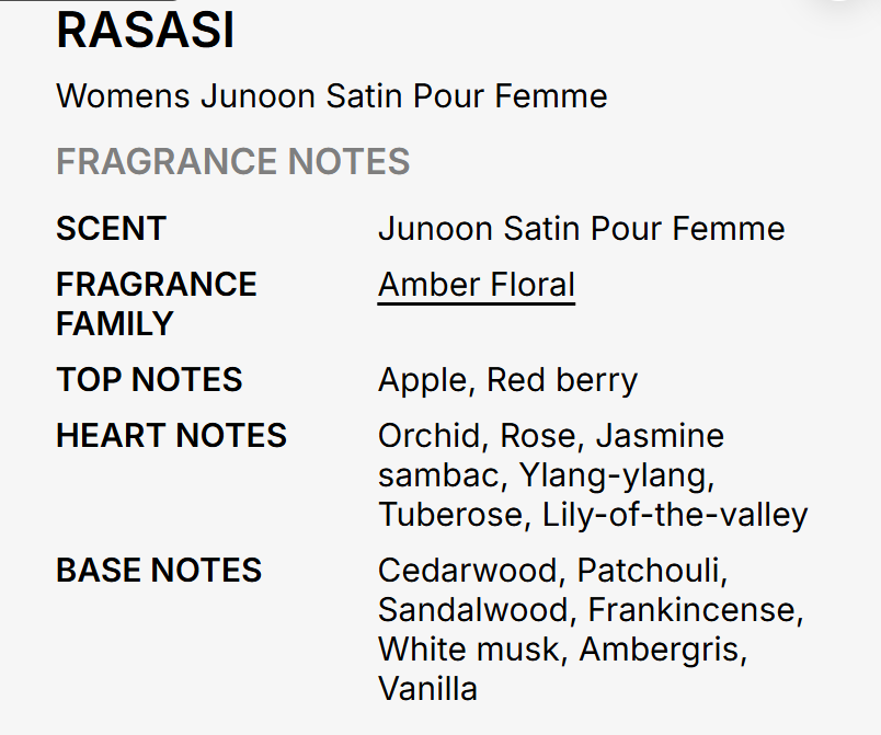 A text-based fragrance notes card for 'RASASI' Women's Junoon Satin Pour Femme, detailing scent, fragrance family (Amber Floral), top notes, heart notes, and base notes on a light gray background.