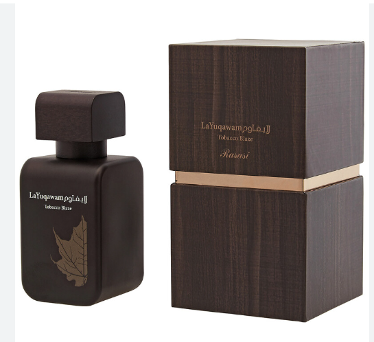 LaYuqawamol LaJJ Tobacco Blunt Nourri cologne bottle and its matching dark brown wooden box on a white background.