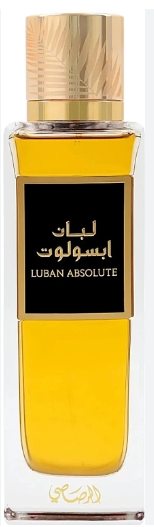 A bottle of Luban Absolute perfume with a gold cap and a black label featuring gold Arabic and English text, filled with golden-yellow liquid, set against a plain white background.