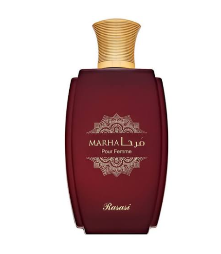 A bottle of Rasasi Marha Pour Femme perfume, featuring a deep burgundy red bottle with a textured gold cap and gold lettering on the front, set against a plain white background.