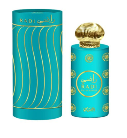RADI Rafiqh perfume bottle and matching cylindrical packaging box, both in a vibrant turquoise blue color with gold patterns and lettering, on a plain white background.