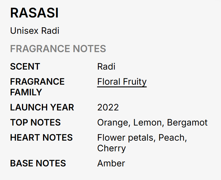 A text-based fragrance notes card for RASASI Unisex Radi, detailing scent, fragrance family, launch year, and top, heart, and base notes on a light gray background.